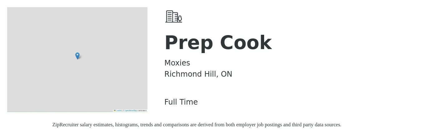 Moxies job posting for a Prep Cook in Richmond Hill, ON with a map of Richmond Hill location.