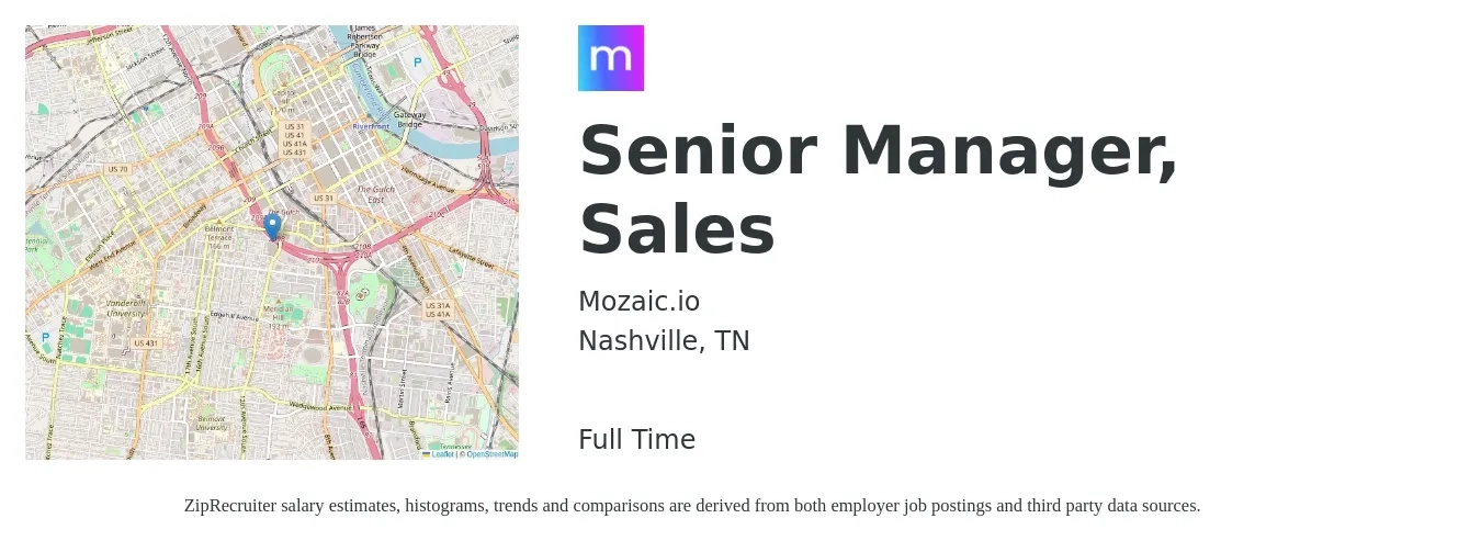 Mozaic.io job posting for a Senior Manager, Sales in Nashville, TN with a salary of $64,700 to $99,500 Yearly with a map of Nashville location.