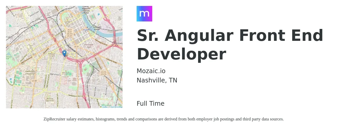 Mozaic.io job posting for a Sr. Angular Front End Developer in Nashville, TN with a salary of $111,100 to $145,800 Yearly with a map of Nashville location.