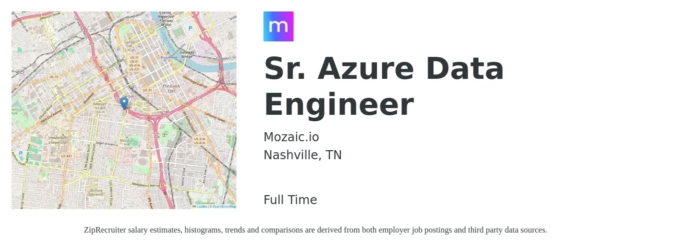 Mozaic.io job posting for a Sr. Azure Data Engineer in Nashville, TN with a salary of $110,600 to $132,800 Yearly with a map of Nashville location.