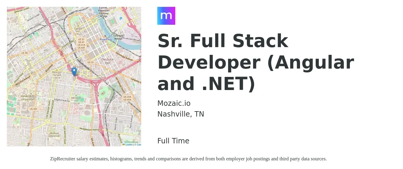 Mozaic.io job posting for a Sr. Full Stack Developer (Angular and .NET) in Nashville, TN with a salary of $50 to $68 Hourly with a map of Nashville location.