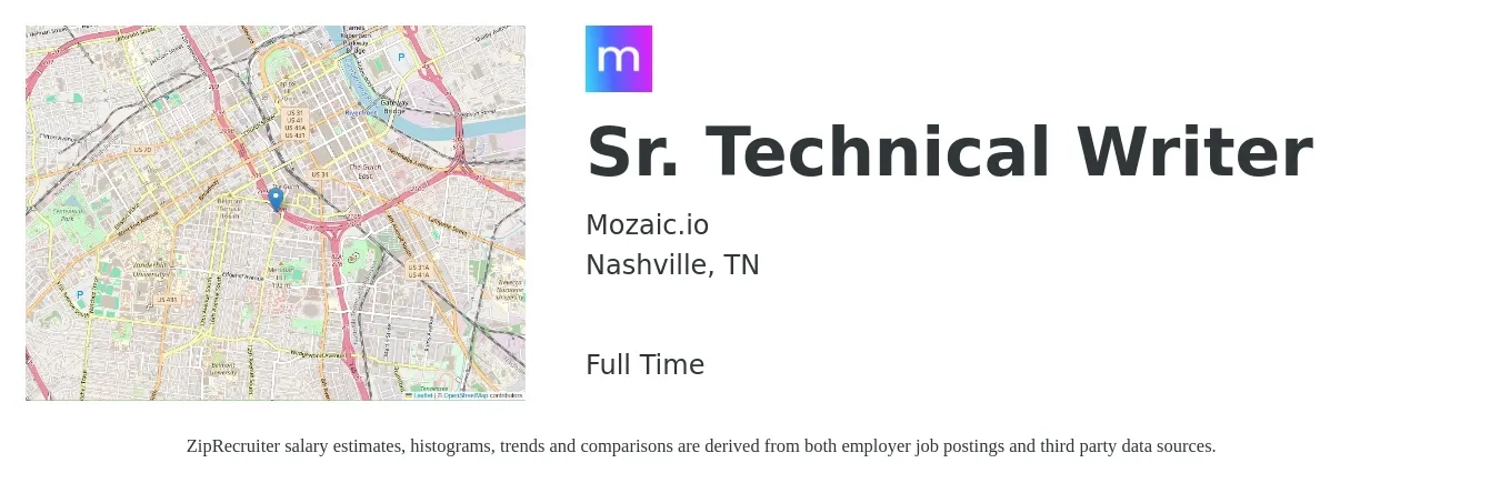 Mozaic.io job posting for a Sr. Technical Writer in Nashville, TN with a salary of $78,200 to $119,800 Yearly with a map of Nashville location.