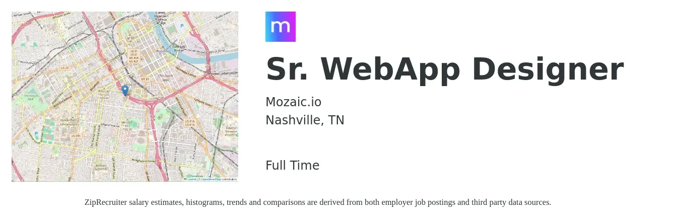 Mozaic.io job posting for a Sr. Web/App Designer in Nashville, TN with a salary of $73,400 to $99,500 Yearly with a map of Nashville location.