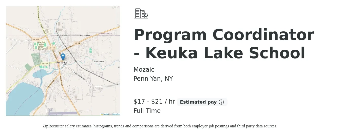 Mozaic job posting for a Program Coordinator - Keuka Lake School in Penn Yan, NY with a salary of $18 to $22 Hourly with a map of Penn Yan location.