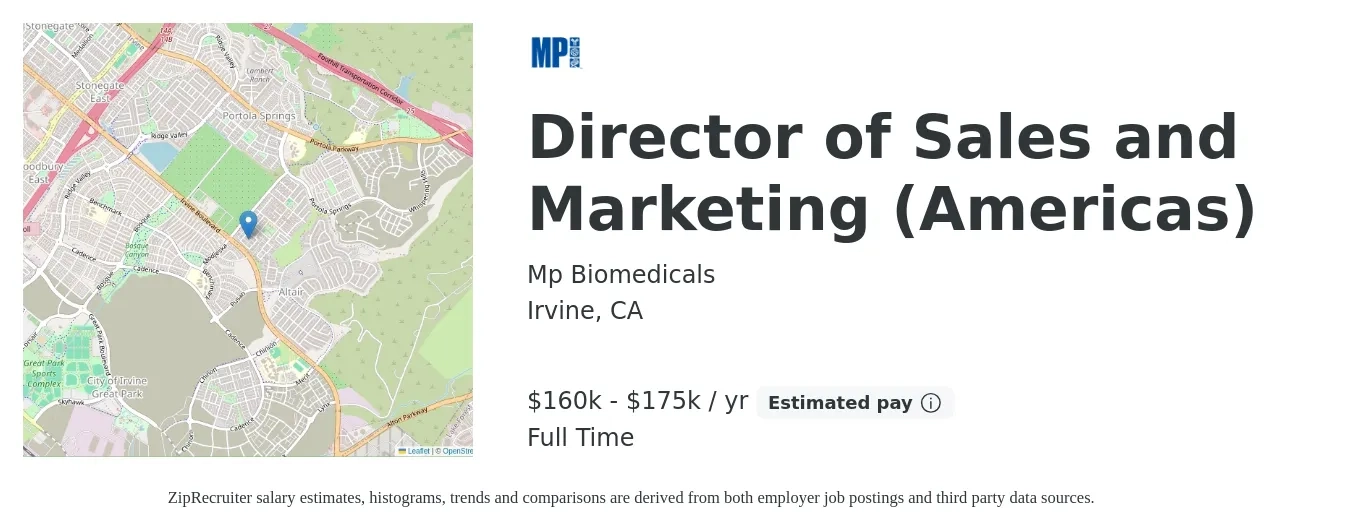 Mp Biomedicals job posting for a Director of Sales and Marketing - Americas in Irvine, CA with a salary of $150,000 to $175,000 Yearly with a map of Irvine location.