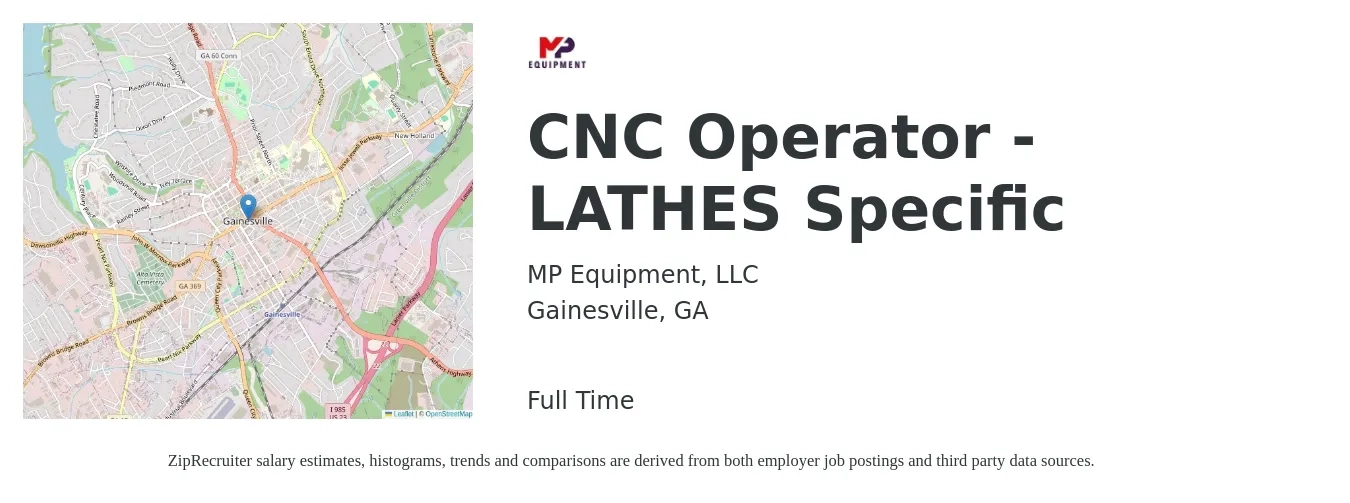 MP Equipment, LLC job posting for a CNC Operator - LATHES Specific in Gainesville, GA with a salary of $19 to $26 Hourly with a map of Gainesville location.