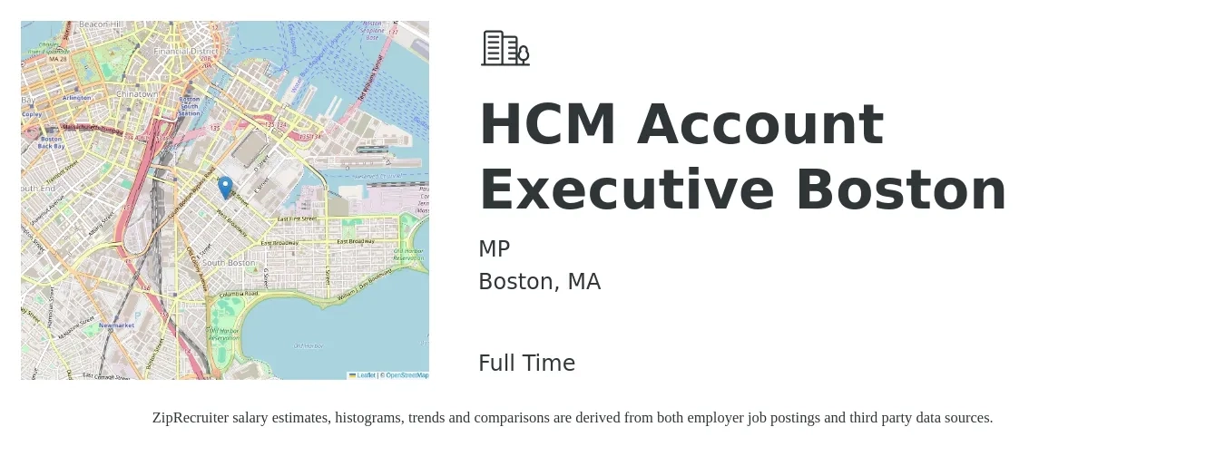 MP job posting for a HCM Account Executive Boston in Boston, MA with a salary of $58,700 to $103,200 Yearly with a map of Boston location.