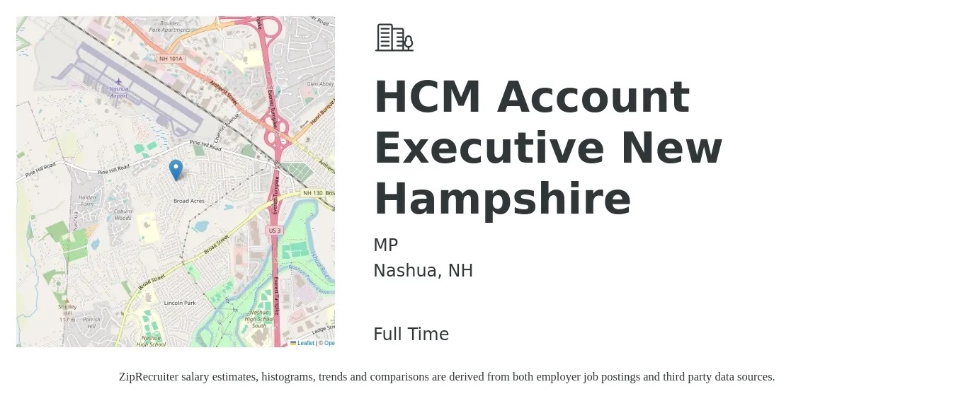 MP job posting for a HCM Account Executive New Hampshire in Nashua, NH with a salary of $54,500 to $95,900 Yearly with a map of Nashua location.