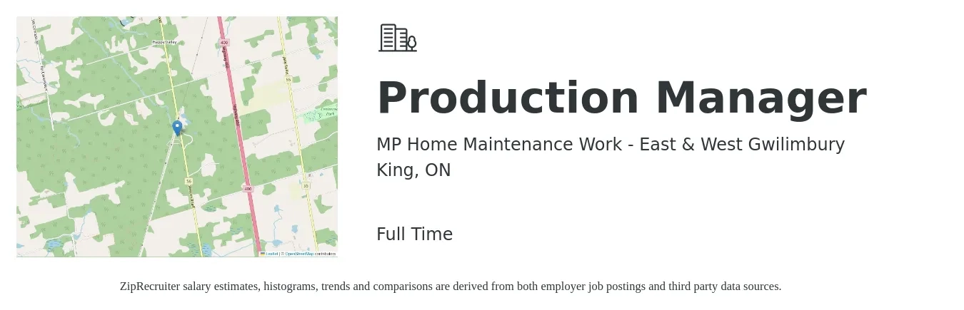 MP Home Maintenance Work - East & West Gwilimbury job posting for a Production Manager in King, ON with a map of King location.