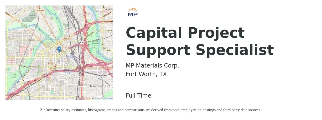MP Materials Corp. job posting for a Capital Project Support Specialist in Fort Worth, TX with a salary of $17 to $26 Hourly with a map of Fort Worth location.