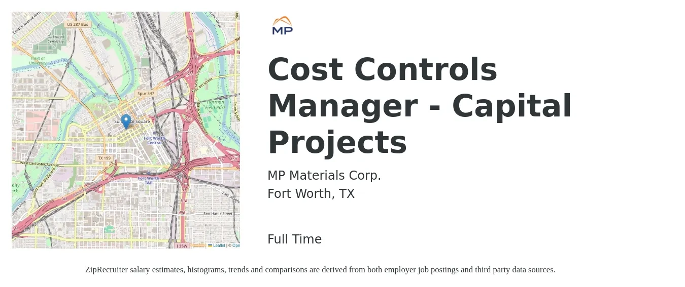MP Materials Corp. job posting for a Cost Controls Manager - Capital Projects in Fort Worth, TX with a salary of $82,200 to $109,200 Yearly with a map of Fort Worth location.
