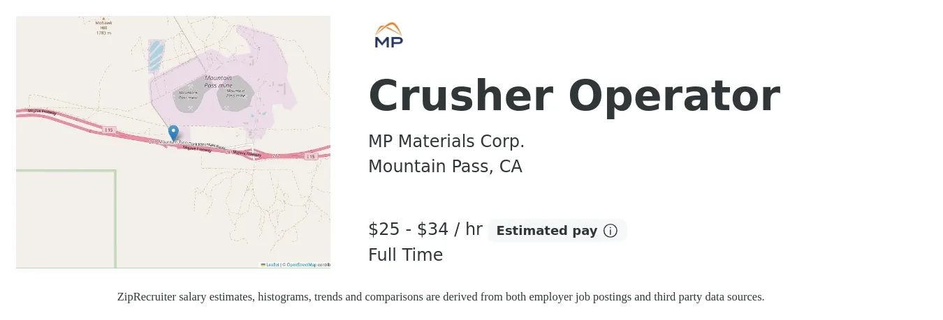 MP Materials Corp. job posting for a Crusher Operator in Mountain Pass, CA with a salary of $27 to $36 Hourly with a map of Mountain Pass location.