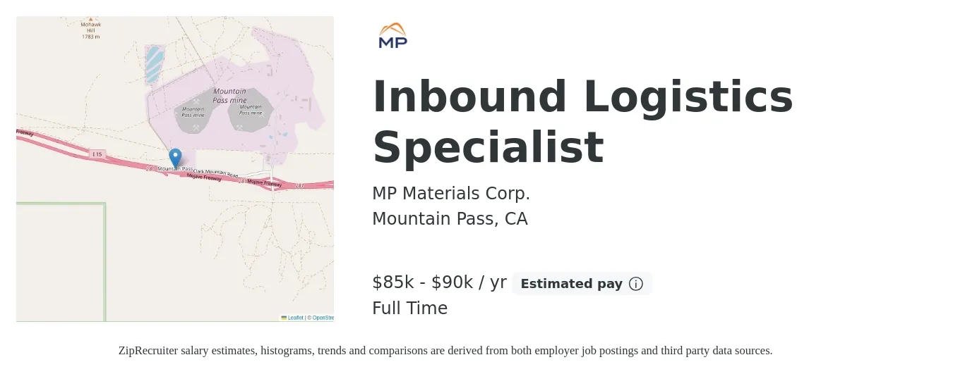 MP Materials Corp. job posting for a Inbound Logistics Specialist in Mountain Pass, CA with a salary of $90,000 Yearly with a map of Mountain Pass location.