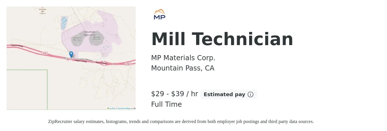 MP Materials Corp. job posting for a Mill Technician in Mountain Pass, CA with a salary of $31 to $41 Hourly with a map of Mountain Pass location.