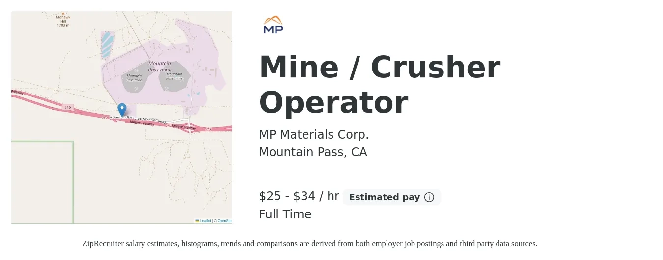 MP Materials Corp. job posting for a Mine / Crusher Operator in Mountain Pass, CA with a salary of $27 to $36 Hourly with a map of Mountain Pass location.