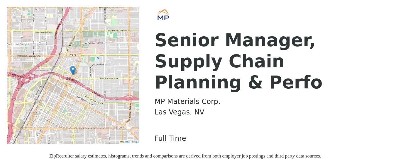 MP Materials Corp. job posting for a Senior Manager, Supply Chain Planning & Perfo in Las Vegas, NV with a salary of $74,800 to $112,200 Yearly with a map of Las Vegas location.