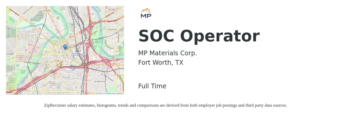 MP Materials Corp. job posting for a SOC Operator in Fort Worth, TX with a salary of $16 to $20 Hourly with a map of Fort Worth location.