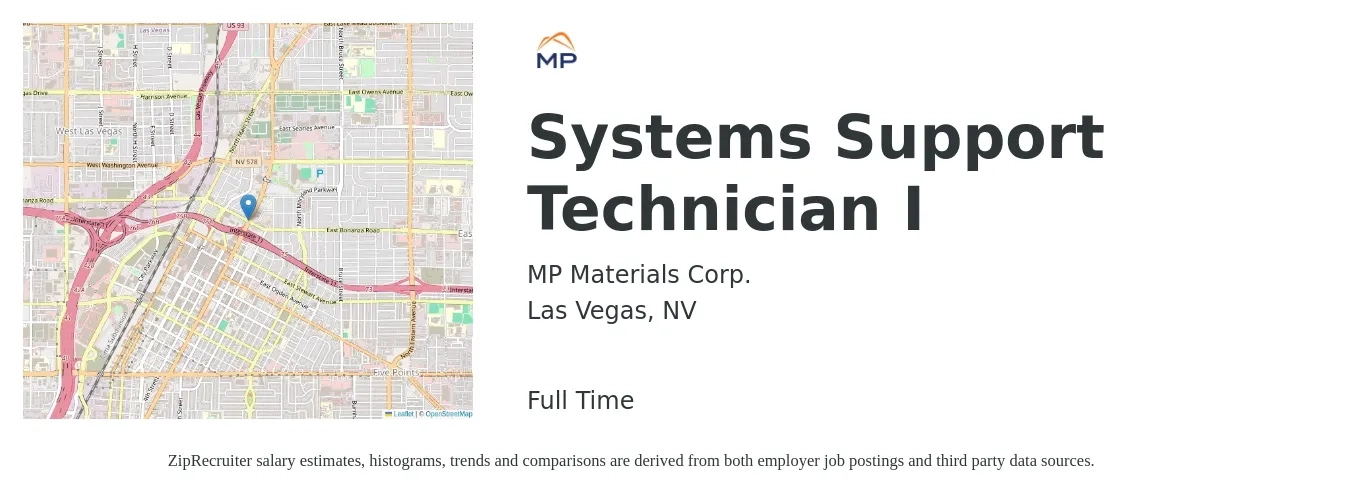 MP Materials Corp. job posting for a Systems Support Technician I in Las Vegas, NV with a salary of $19 to $28 Hourly with a map of Las Vegas location.