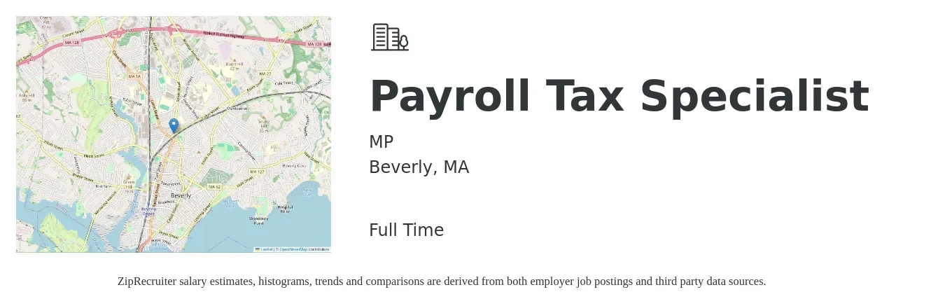 MP job posting for a Payroll Tax Specialist in Beverly, MA with a salary of $58,500 to $87,200 Yearly with a map of Beverly location.