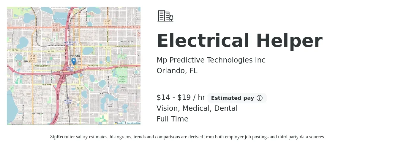 Mp Predictive Technologies Inc job posting for a Electrical Helper in Orlando, FL with a salary of $15 to $20 Hourly and benefits including medical, pto, retirement, vision, and dental with a map of Orlando location.