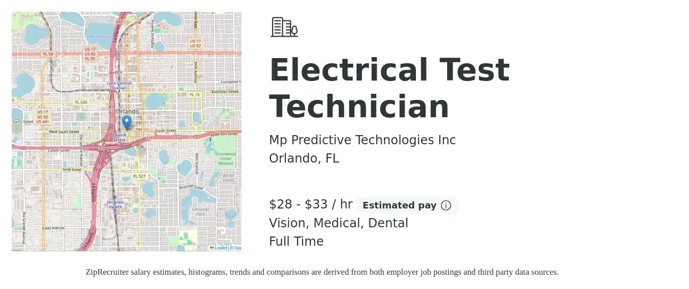 Mp Predictive Technologies Inc job posting for a Electrical Test Technician in Orlando, FL with a salary of $30 to $35 Hourly and benefits including dental, medical, pto, retirement, and vision with a map of Orlando location.
