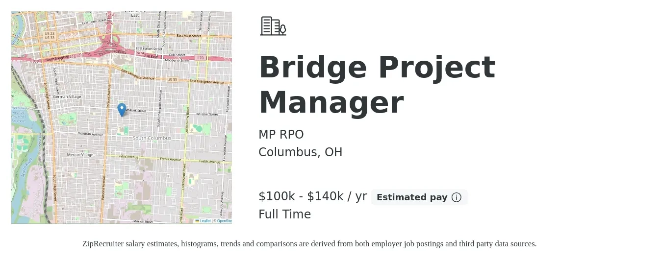 MP RPO job posting for a Bridge Project Manager in Columbus, OH with a salary of $100,000 to $140,000 Yearly with a map of Columbus location.