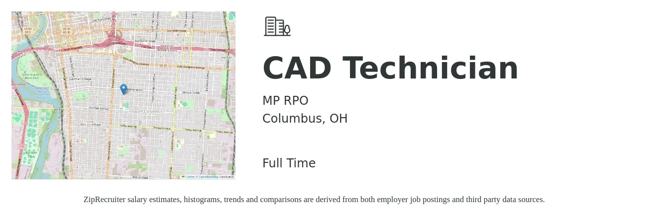 MP RPO job posting for a CAD Technician in Columbus, OH with a salary of $21 to $31 Hourly with a map of Columbus location.