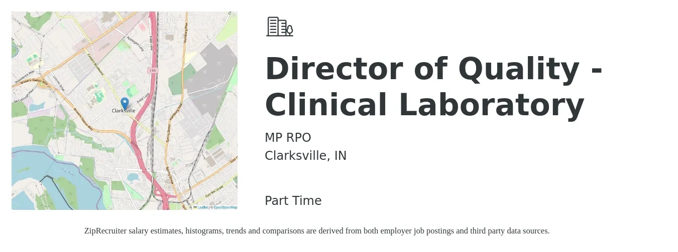 MP RPO job posting for a Director of Quality - Clinical Laboratory in Clarksville, IN with a salary of $125,000 to $155,000 Yearly with a map of Clarksville location.