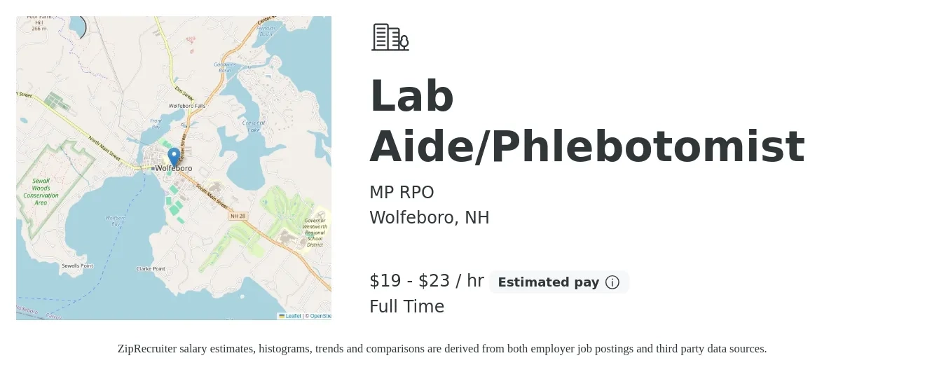 MP RPO job posting for a Lab Aide/Phlebotomist in Wolfeboro, NH with a salary of $20 to $24 Hourly with a map of Wolfeboro location.