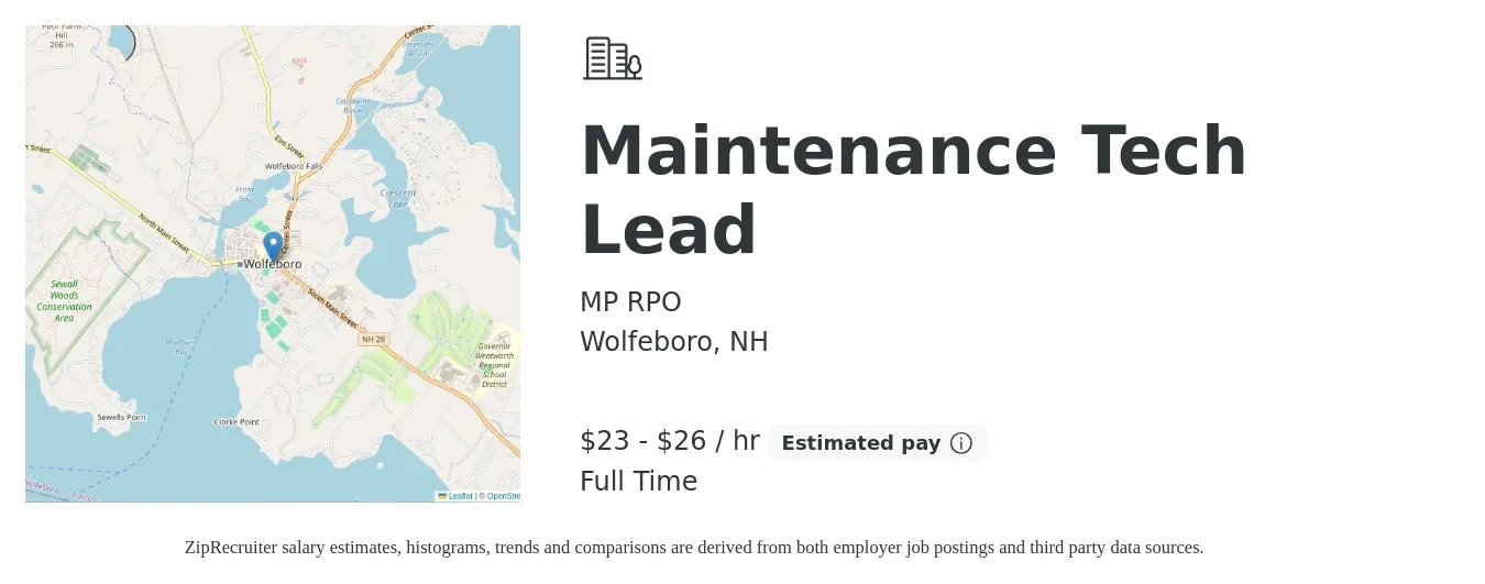 MP RPO job posting for a Maintenance Tech Lead in Wolfeboro, NH with a salary of $24 to $28 Hourly with a map of Wolfeboro location.