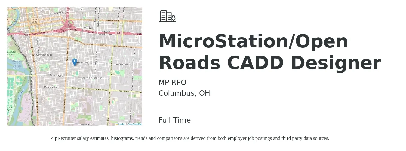 MP RPO job posting for a MicroStation/Open Roads CADD Designer in Columbus, OH with a salary of $26 to $36 Hourly with a map of Columbus location.