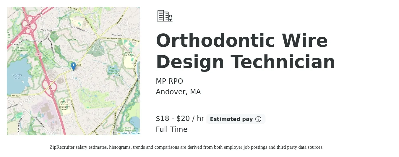 MP RPO job posting for a Orthodontic Wire Design Technician in Andover, MA with a salary of $19 to $21 Hourly with a map of Andover location.