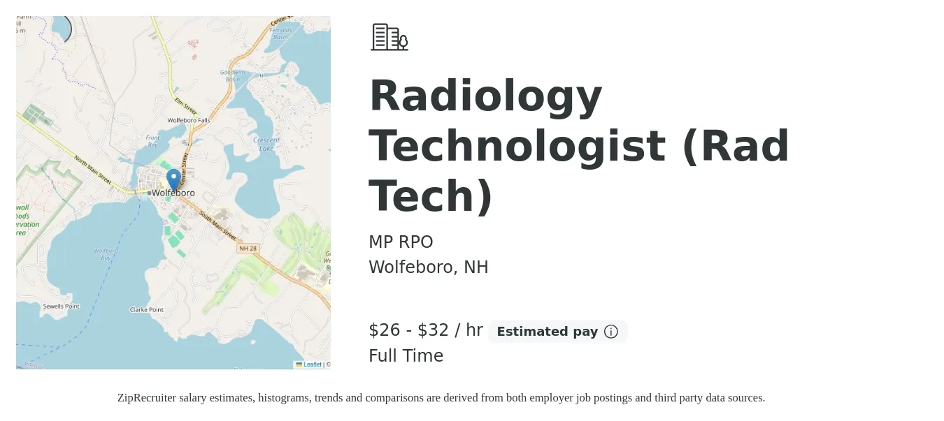 MP RPO job posting for a Radiology Technologist (Rad Tech) in Wolfeboro, NH with a salary of $28 to $34 Hourly with a map of Wolfeboro location.
