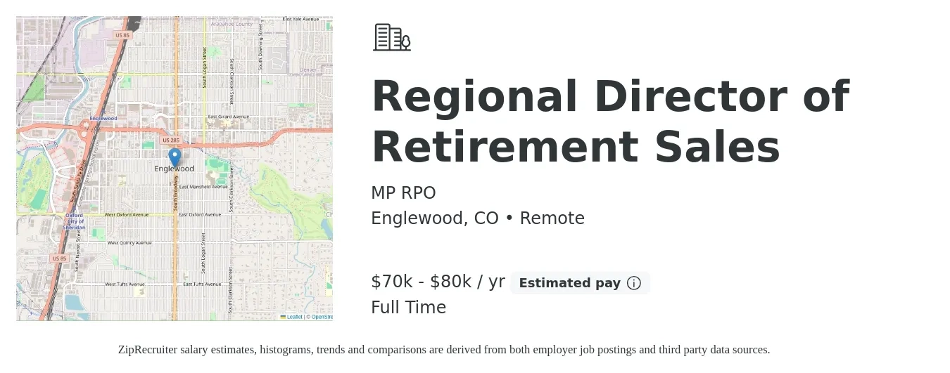 MP RPO job posting for a Regional Director of Retirement Sales in Englewood, CO with a salary of $70,000 to $80,000 Yearly with a map of Englewood location.