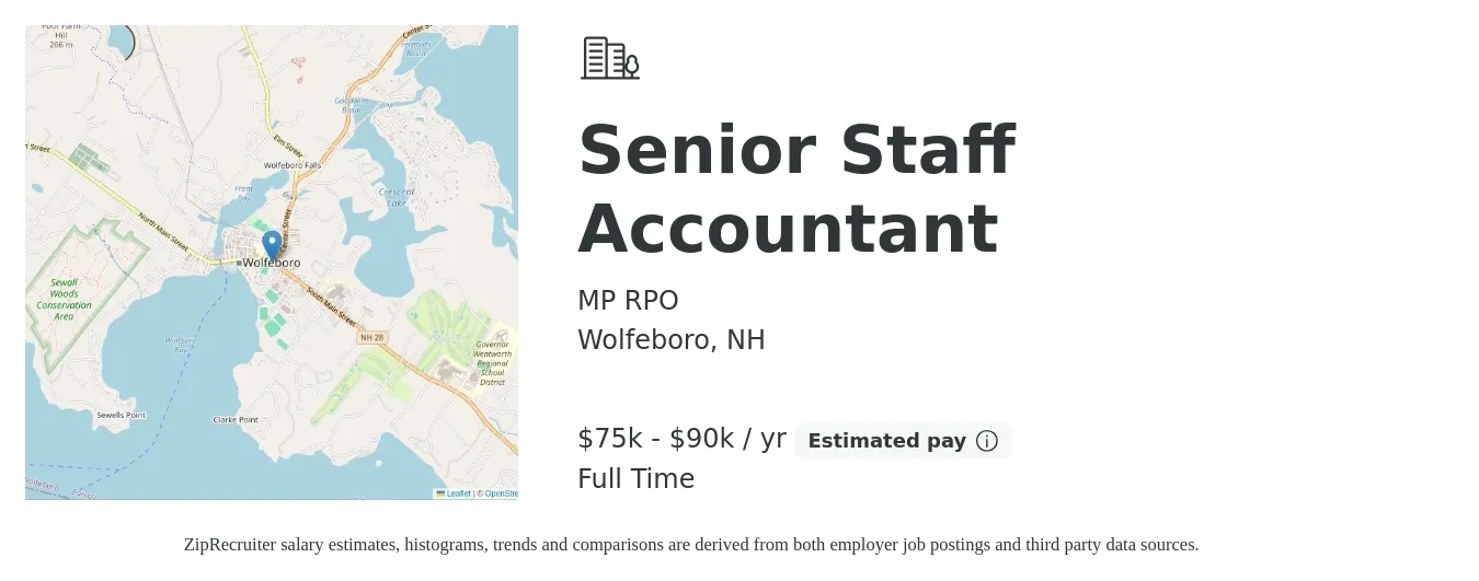 MP RPO job posting for a Senior Staff Accountant in Wolfeboro, NH with a salary of $36 to $43 Hourly with a map of Wolfeboro location.