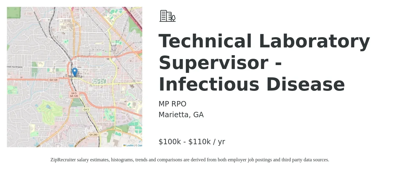 MP RPO job posting for a Technical Laboratory Supervisor - Infectious Disease in Marietta, GA with a salary of $100,000 to $110,000 Yearly with a map of Marietta location.