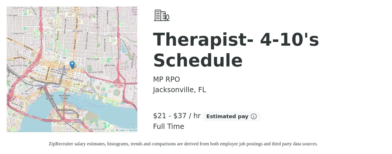 MP RPO job posting for a Therapist- 4-10's Schedule in Jacksonville, FL with a salary of $23 to $39 Hourly with a map of Jacksonville location.