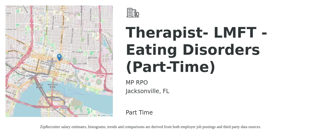 MP RPO job posting for a Therapist- LMFT - Eating Disorders (Part-Time) in Jacksonville, FL with a salary of $23 to $39 Hourly with a map of Jacksonville location.