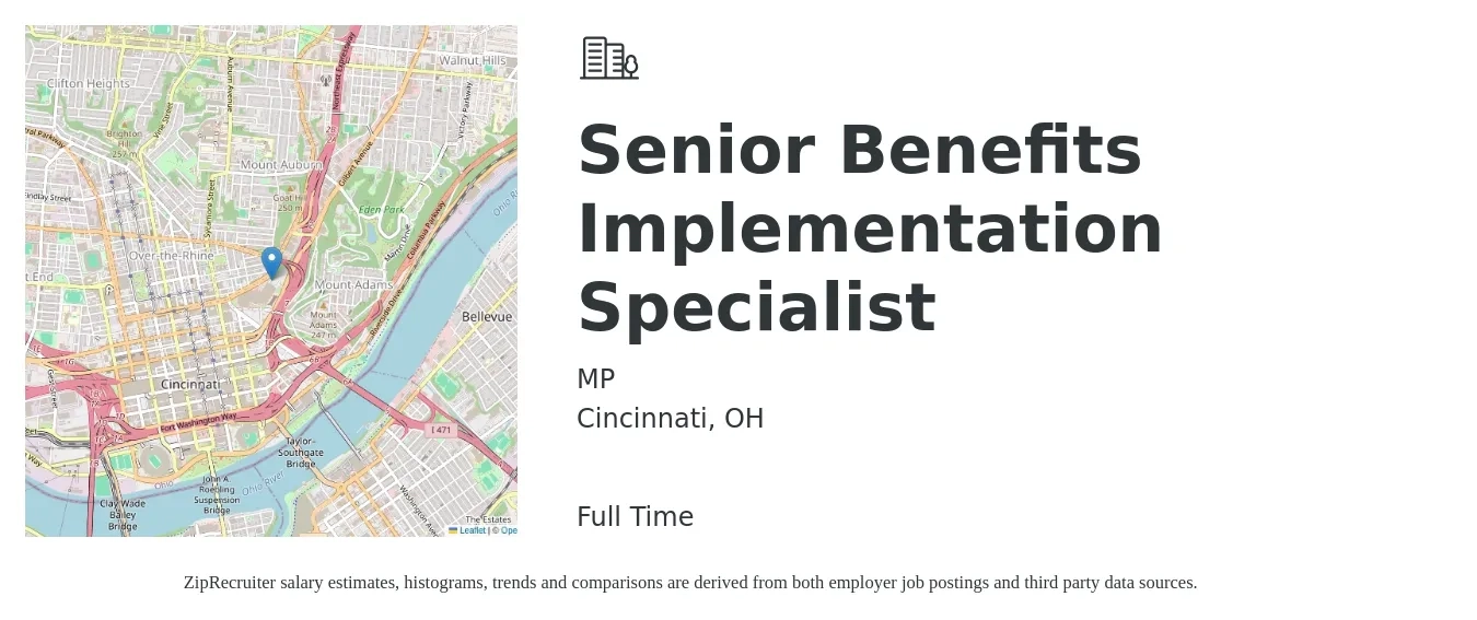 MP job posting for a Senior Benefits Implementation Specialist in Cincinnati, OH with a salary of $25 to $35 Hourly with a map of Cincinnati location.