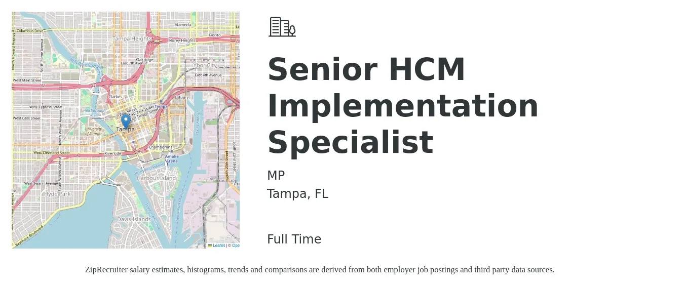MP job posting for a Senior HCM Implementation Specialist in Tampa, FL with a salary of $55,800 to $85,100 Yearly with a map of Tampa location.