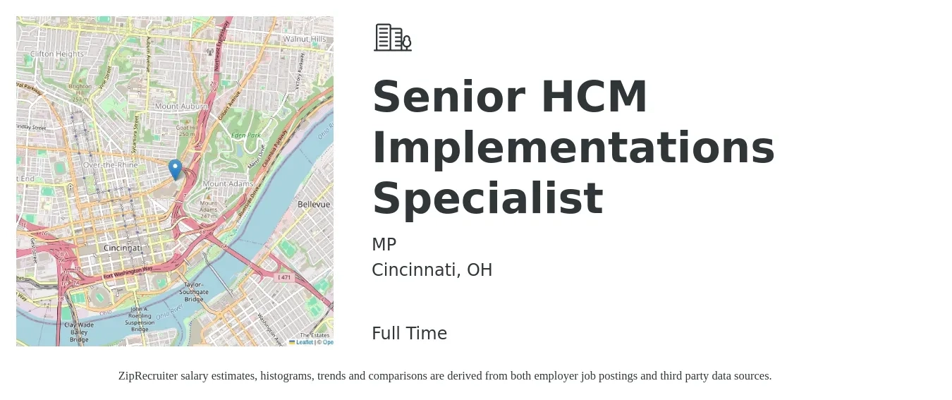 MP job posting for a Senior HCM Implementations Specialist in Cincinnati, OH with a salary of $56,600 to $86,400 Yearly with a map of Cincinnati location.