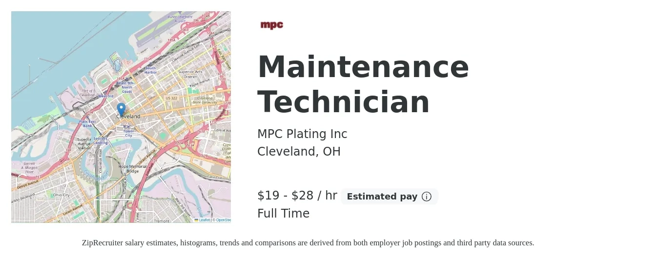 MPC Plating Inc job posting for a Maintenance Technician in Cleveland, OH with a salary of $20 to $30 Hourly with a map of Cleveland location.