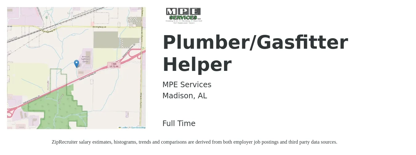 MPE Services job posting for a Plumber/Gasfitter Helper in Madison, AL with a salary of $14 to $19 Hourly with a map of Madison location.