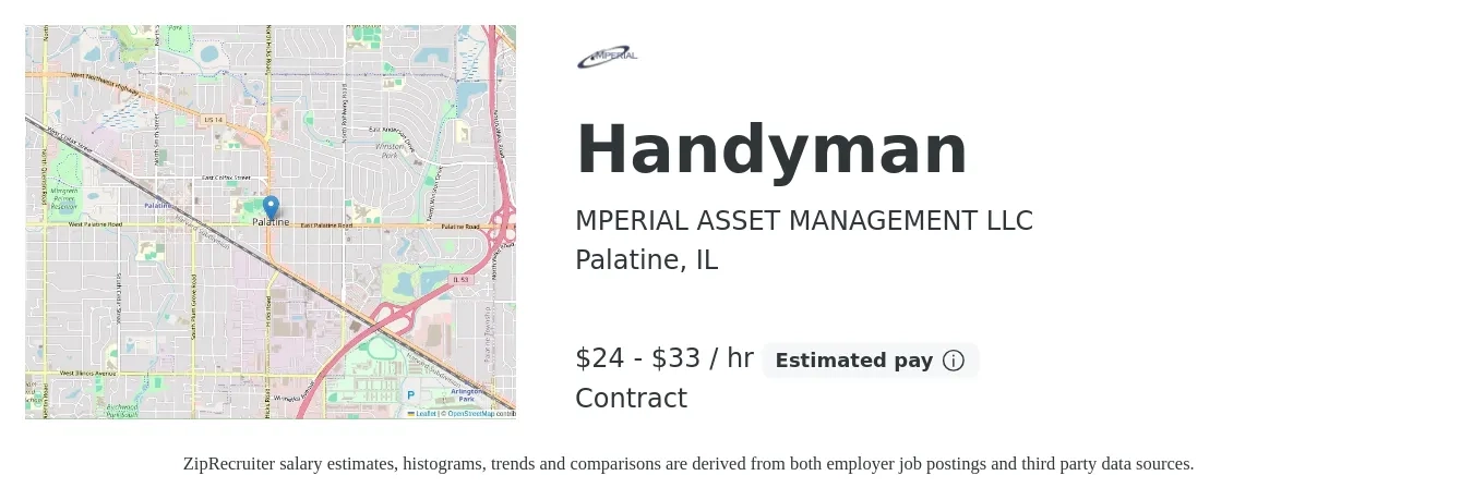 MPERIAL ASSET MANAGEMENT LLC job posting for a Handyman in Palatine, IL with a salary of $25 to $35 Hourly (plus commission) with a map of Palatine location.