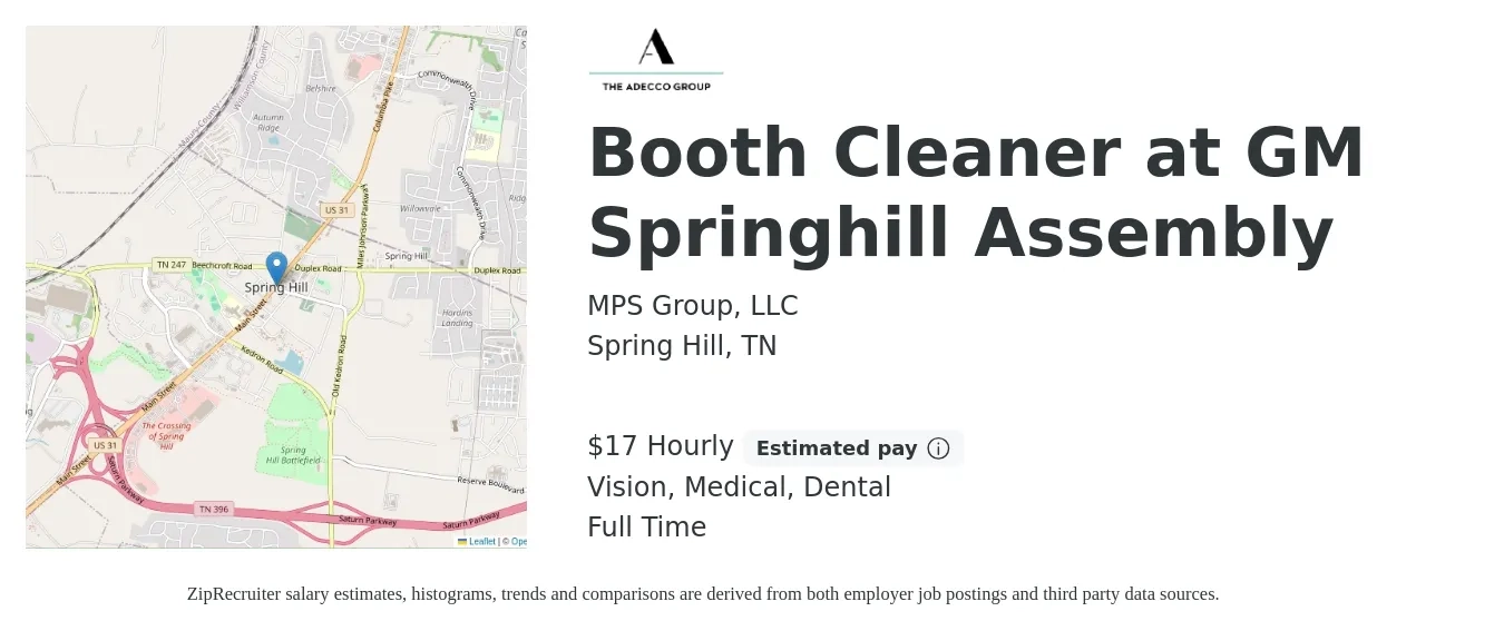 MPS Group, LLC job posting for a Booth Cleaner at GM Springhill Assembly in Spring Hill, TN with a salary of $18 Hourly and benefits including dental, life_insurance, medical, retirement, and vision with a map of Spring Hill location.