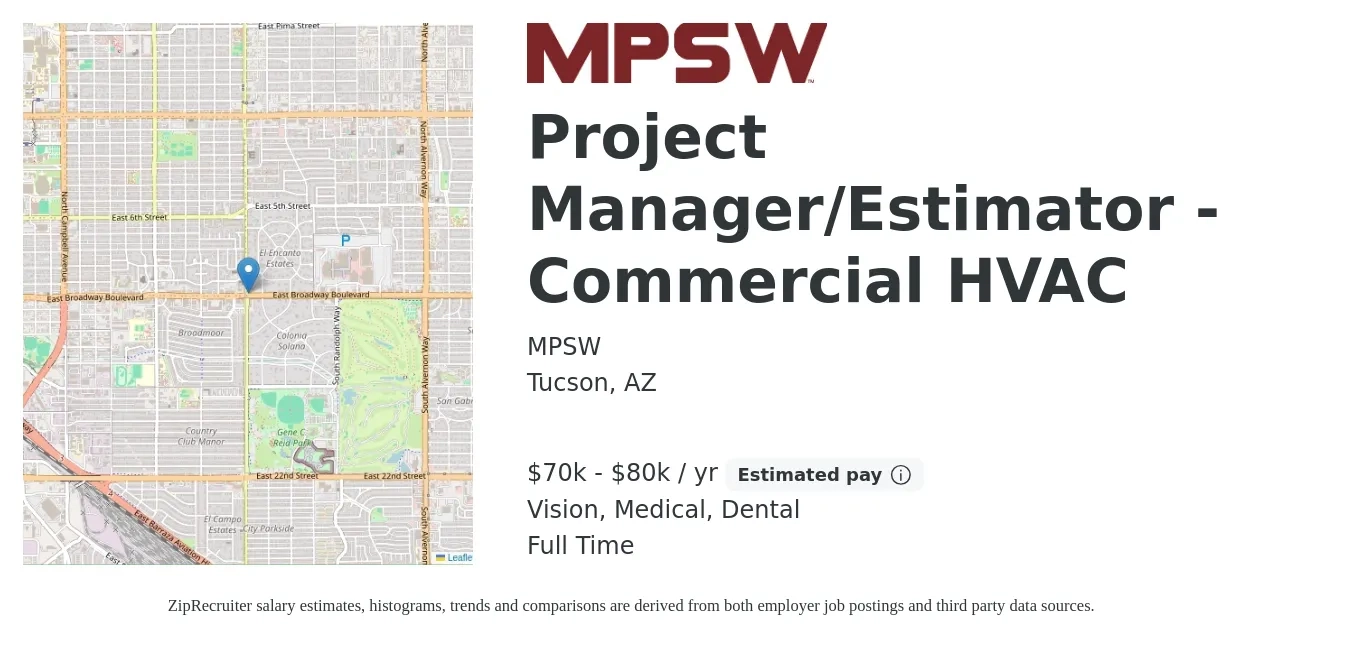MPSW job posting for a Project Manager/Estimator - Commercial HVAC in Tucson, AZ with a salary of $70,000 to $80,000 Yearly (plus commission) and benefits including dental, life_insurance, medical, pto, retirement, and vision with a map of Tucson location.