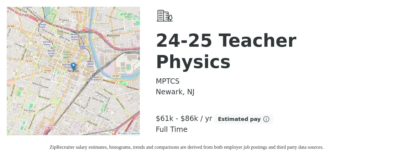 MPTCS job posting for a 24-25 Teacher Physics in Newark, NJ with a salary of $61,912 to $86,912 Yearly with a map of Newark location.