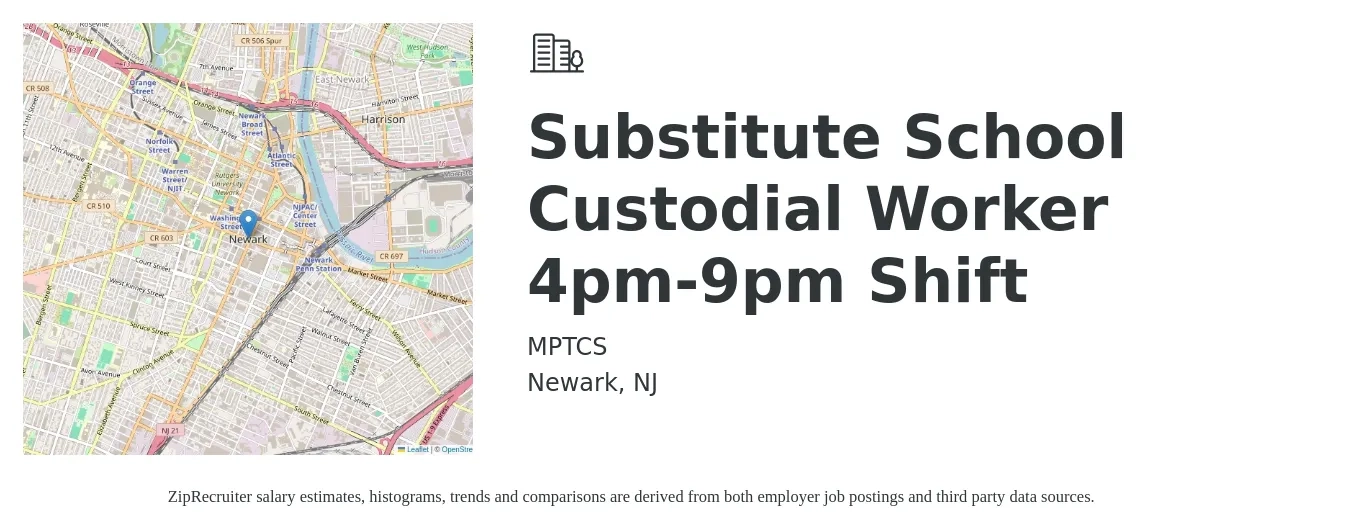 MPTCS job posting for a Substitute School Custodial Worker 4pm-9pm Shift in Newark, NJ with a salary of $20 Hourly with a map of Newark location.