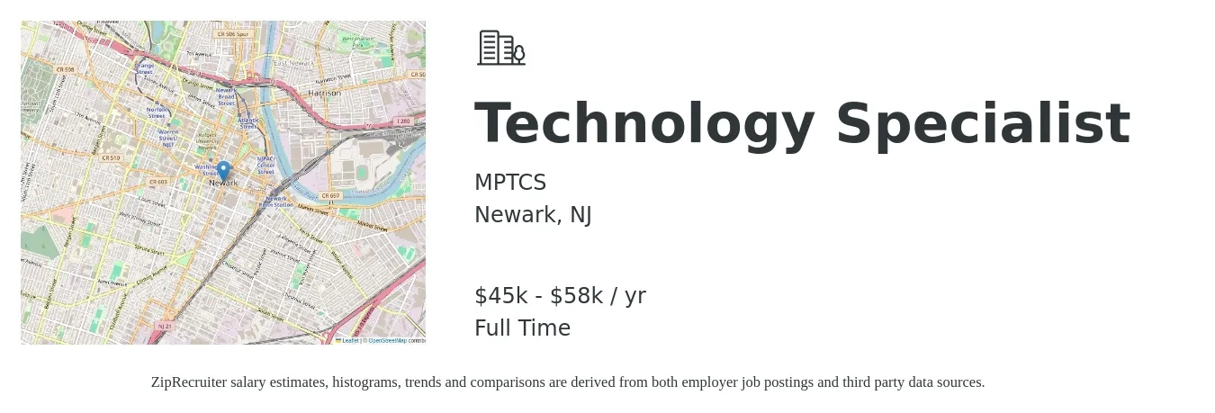 MPTCS job posting for a Technology Specialist in Newark, NJ with a salary of $45,000 to $58,000 Yearly with a map of Newark location.