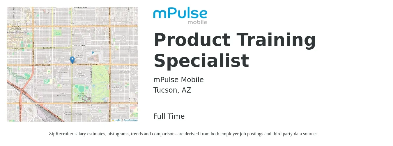 mPulse Mobile job posting for a Product Training Specialist in Tucson, AZ with a salary of $48,600 to $99,700 Yearly with a map of Tucson location.